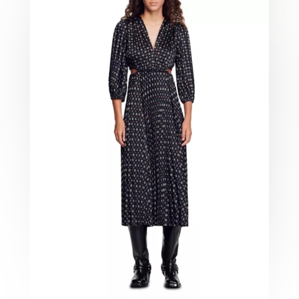 Women Sandro Aglae Printed Cutout Pleated Dress